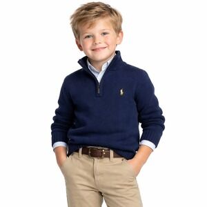 Vtg POLO Ralph Lauren 1/4 Zip Chunky Knit Pullover Boys Sz 6 Blue Preppy Classic